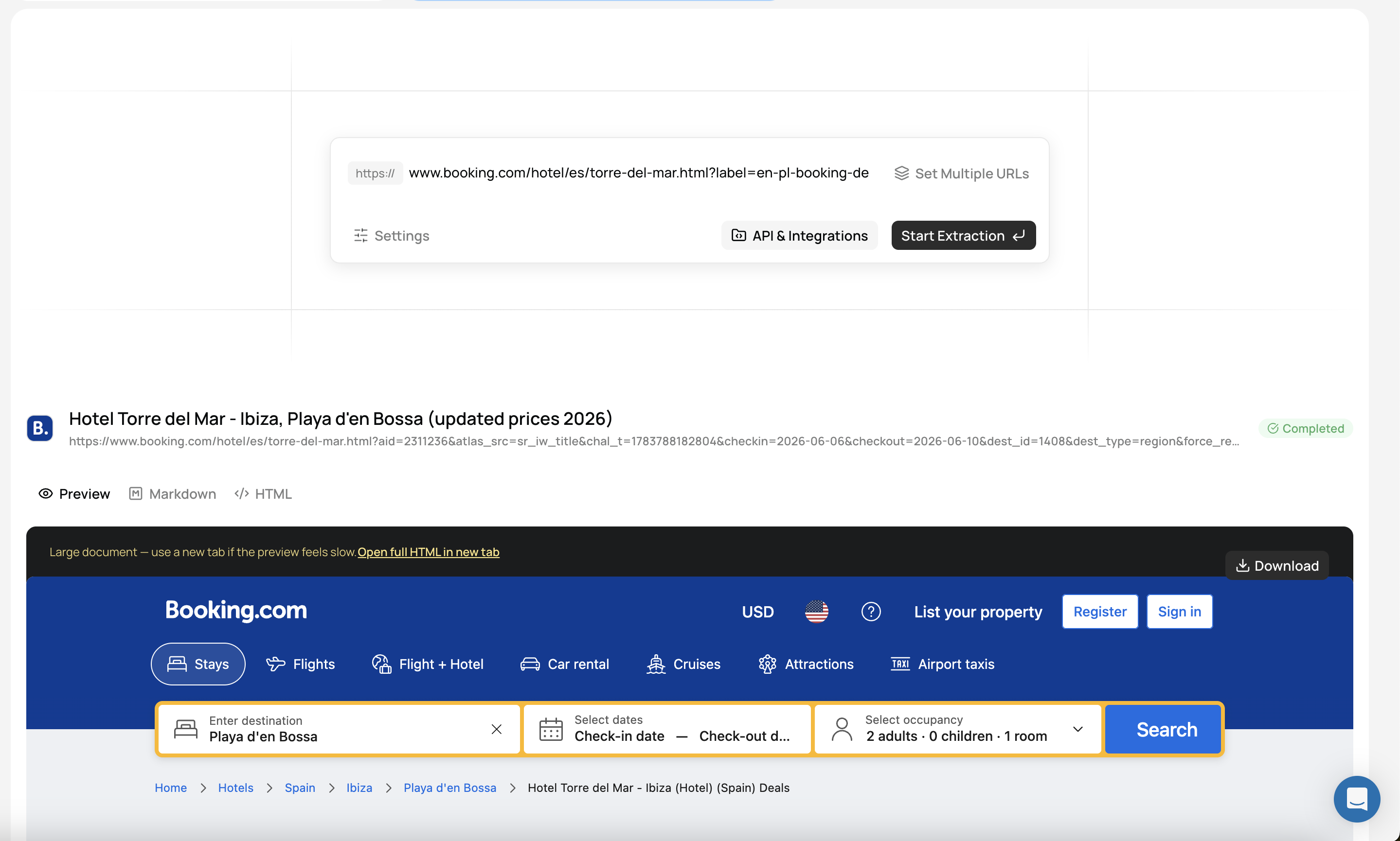 The scraping engine extracting a live, anti-bot-protected Booking.com hotel page: URL in, output and proxy options, and the completed result as Preview, Markdown and raw HTML.
