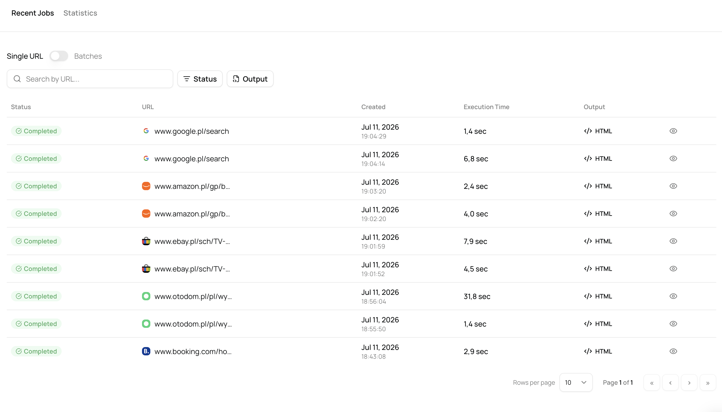 Recent extraction jobs across anti-bot-protected sites — Google, Amazon, eBay, Otodom, Booking — all completed, with per-request execution times.